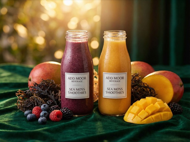 Two ADD Moor sea moss smoothies, berry and mango, with fresh fruit and dried sea moss