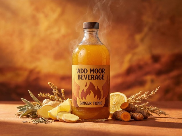 A bottle of ADD Moor ginger tonic with fresh ginger, lemon and turmeric